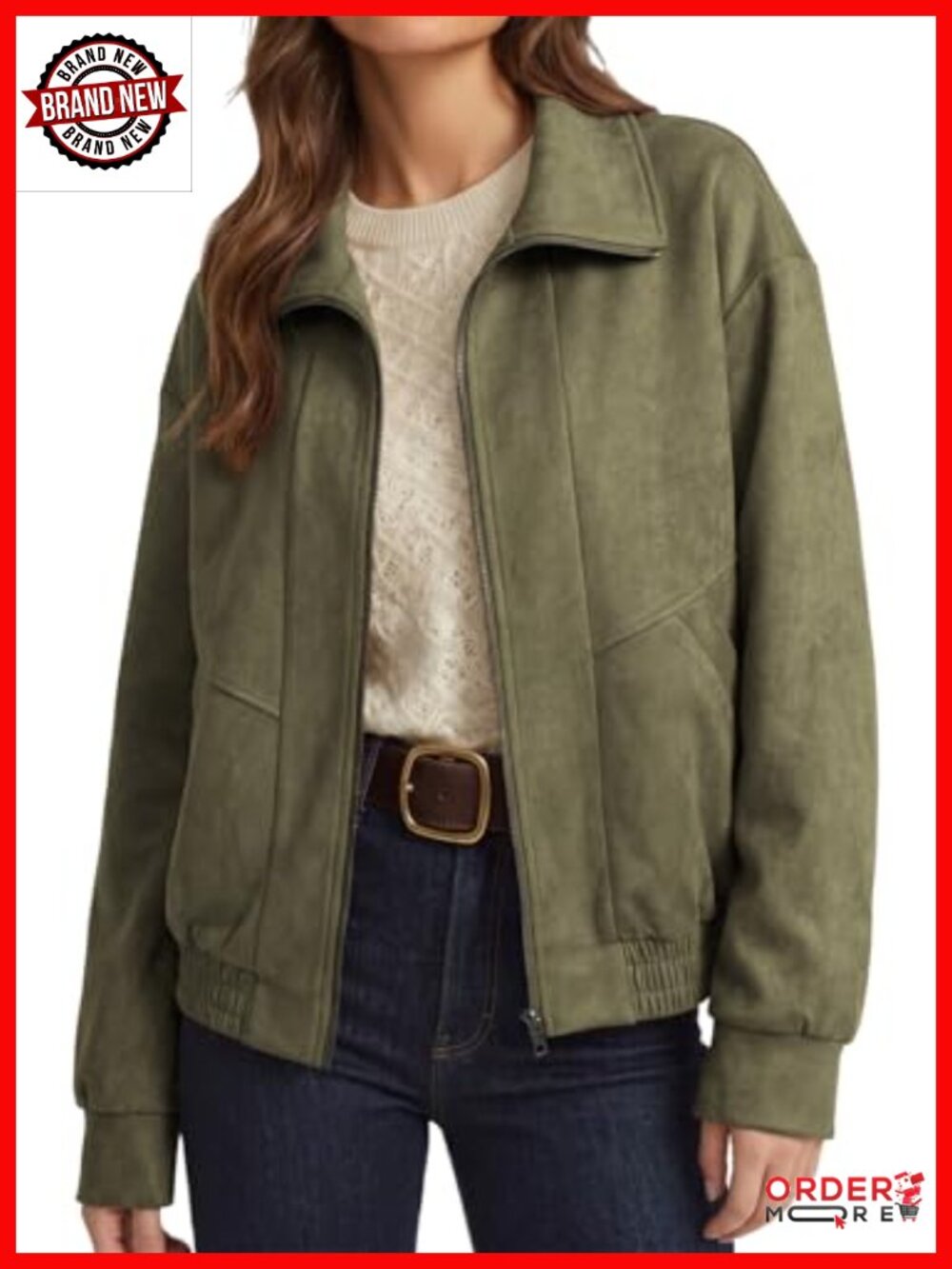 Faux Suede Jacket Women Long Sleeve Zip Up Collared Loose Fit Casual